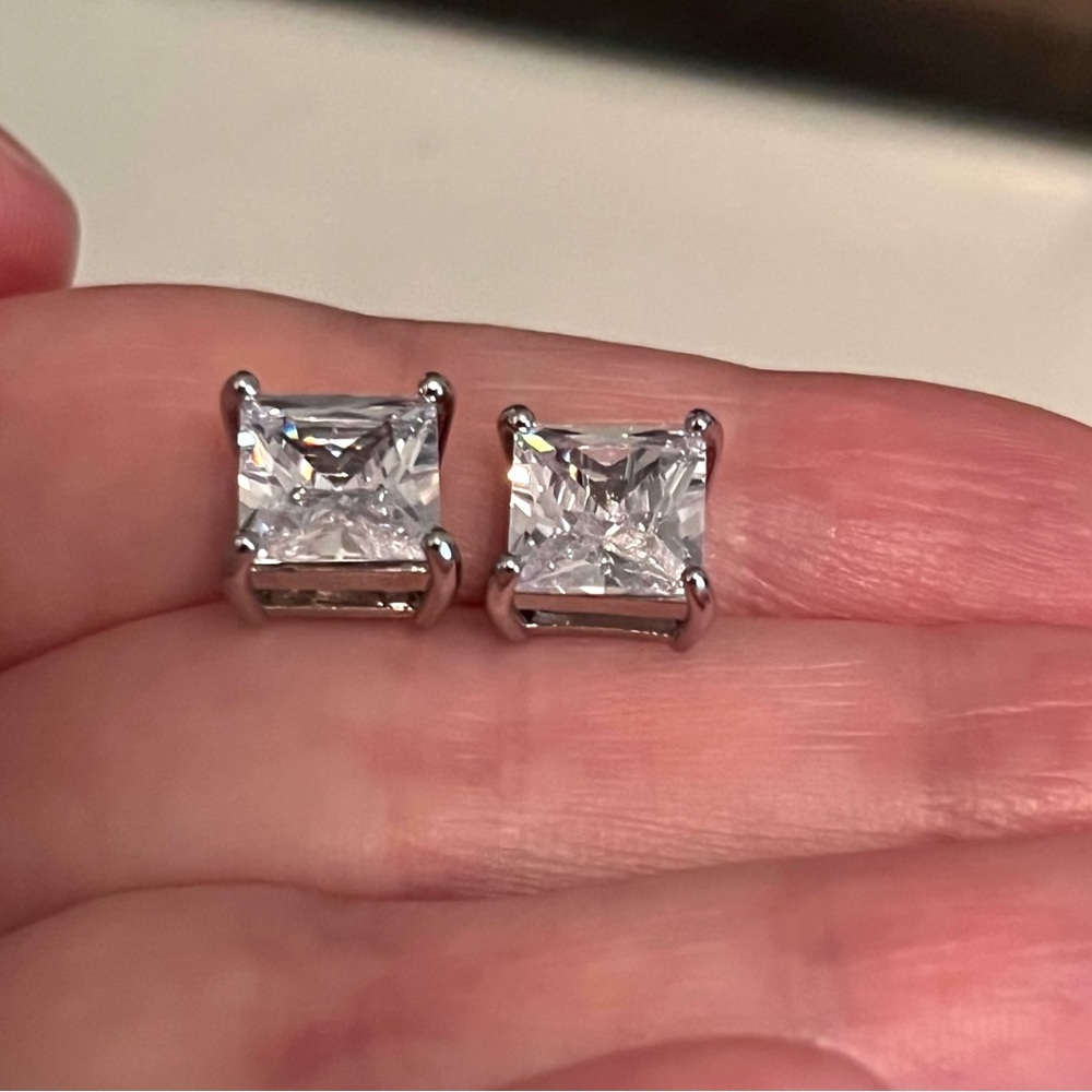 Silver Diamond Princess Cut Stud Earrings - Picture 3 of 6